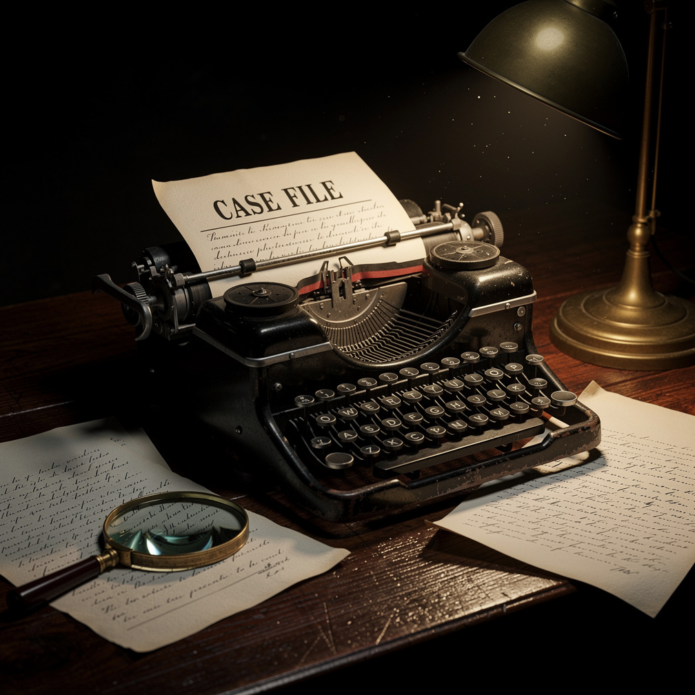 Vintage typewriter with scattered papers and a magnifying glass on a dark wooden table