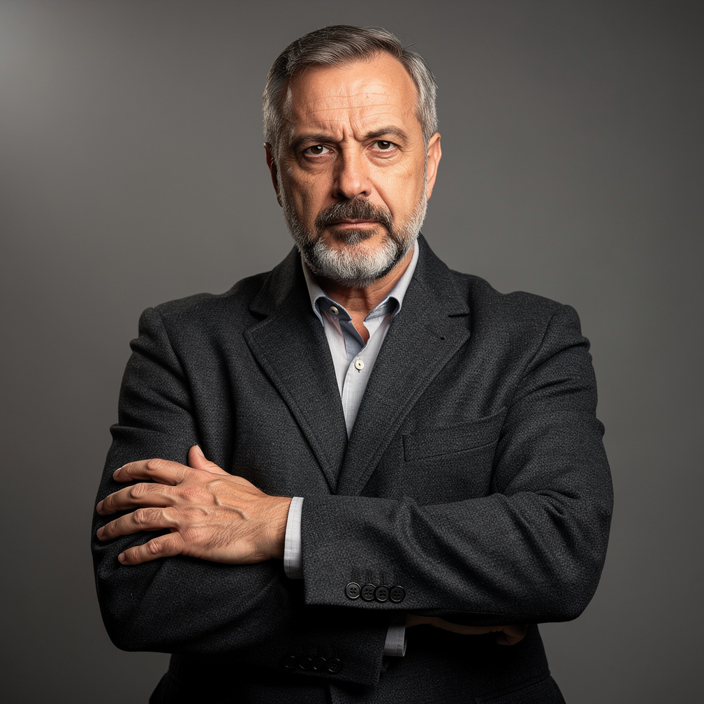 Portrait of a Croatian mystery novelist in his fifties wearing a dark coat
