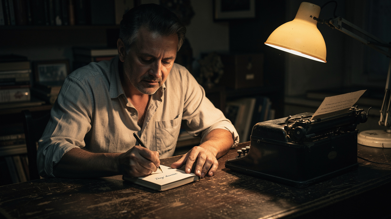 Croatian male writer working at a wooden desk with a typewriter and notebooks in dim lamp light